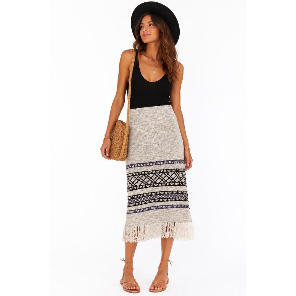 Free People Fringe Sweater Midi Skirt Grey Medium Boho Casual Cottagecore